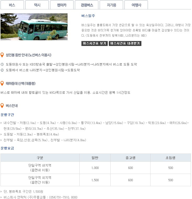 버스시간표,요금표 및 울릉도 렌트카